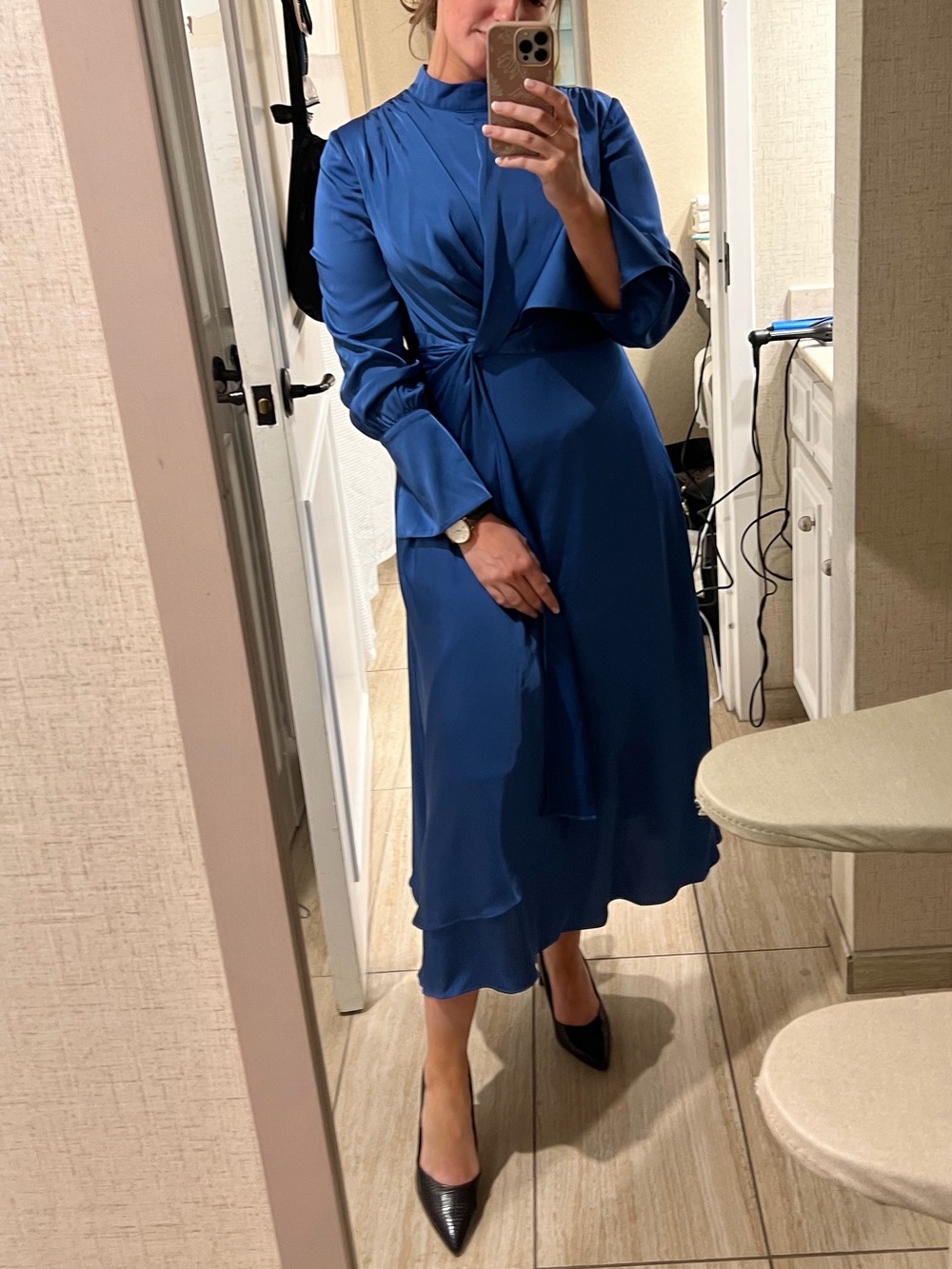 MOTF Blue Long Sleeve Gathered Waist Midi Dress